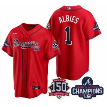 Men's Red Atlanta Braves #1 Ozzie Albies 2021 World Series Champions With 150th Anniversary Patch Cool Base Stitched Jersey