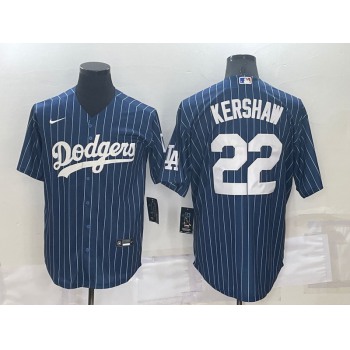 Men's Los Angeles Dodgers #22 Clayton Kershaw Navy Blue Pinstripe Stitched MLB Cool Base Nike Jersey