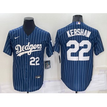 Men's Los Angeles Dodgers #22 Clayton Kershaw Number Navy Blue Pinstripe Stitched MLB Cool Base Nike Jersey