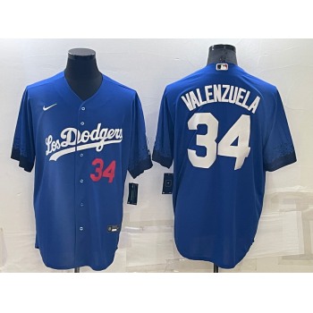 Men's Los Angeles Dodgers #34 Fernando Valenzuela Number Blue 2021 City Connect Cool Base Stitched Jersey