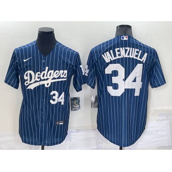 Men's Los Angeles Dodgers #34 Fernando Valenzuela Number Navy Blue Pinstripe Stitched MLB Cool Base Nike Jersey
