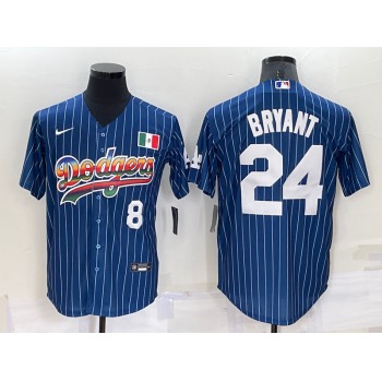 Men's Los Angeles Dodgers #8 #24 Kobe Bryant Number Rainbow Blue Red Pinstripe Mexico Cool Base Nike Jersey