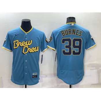 Men's Milwaukee Brewers #39 Corbin Burnes Blue 2022 City Connect Flex Base Stitched Jersey