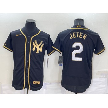 Men's New York Yankees #2 Derek Jeter Black Gold Flex Base Stitched Baseball Jersey
