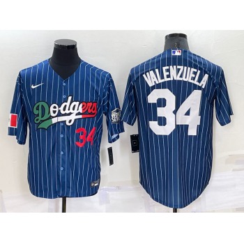 Mens Los Angeles Dodgers #34 Fernando Valenzuela Number Navy Blue Pinstripe 2020 World Series Cool Base Nike Jersey