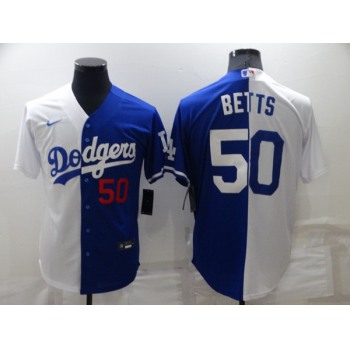 Mens Los Angeles Dodgers #50 Mookie Betts White Blue Split Cool Base Stitched Baseball Jersey
