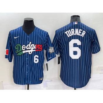 Mens Los Angeles Dodgers #6 Trea Turner Number Navy Blue Pinstripe 2020 World Series Cool Base Nike Jersey
