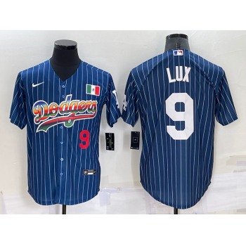 Mens Los Angeles Dodgers #9 Gavin Lux Number Rainbow Blue Red Pinstripe Mexico Cool Base Nike Jersey