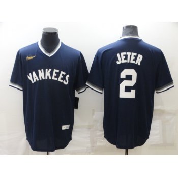 Men's New York Yankees #2 Derek Jeter Navy Blue Cooperstown Collection Stitched MLB Throwback Nike Jersey