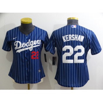Women's Los Angeles Dodgers #22 Clayton Kershaw Navy Blue Pinstripe Stitched MLB Cool Base Nike Jersey