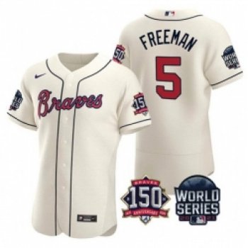 Men Atlanta Braves 5 Freddie Freeman 2021 Cream World Series With 150th Anniversary Patch Stitched Baseball Jersey