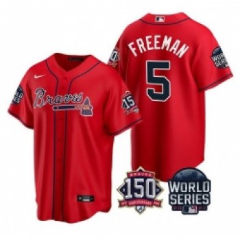 Men Atlanta Braves 5 Freddie Freeman 2021 Red World Series With 150th Anniversary Patch Cool Base Stitched Jersey