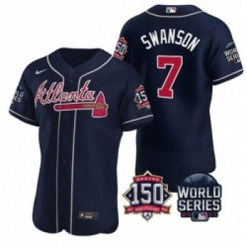 Men Atlanta Braves 7 Dansby Swanson 2021 Navy World Series With 150th Anniversary Patch Stitched Baseball Jersey