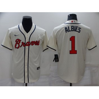 Men's Atlanta Braves #1 Ozzie Albies Cream Cool Base Stitched Jersey