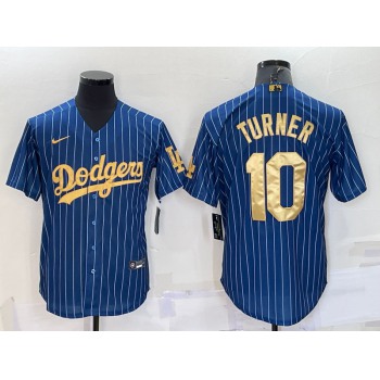Men's Los Angeles Dodgers #10 Justin Turner Navy Blue Gold Pinstripe Stitched MLB Cool Base Nike Jersey