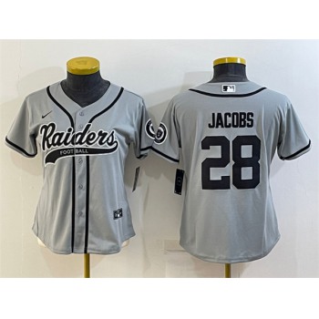 Women's Las Vegas Raiders #28 Josh Jacobs Gray With Patch Cool Base Stitched Baseball Jersey(Run Small)