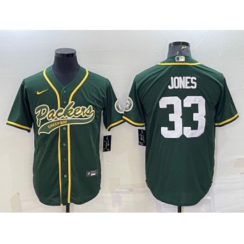 Men's Green Bay Packers #33 Aaron Jones Green With Patch Cool Base Stitched Baseball Jersey
