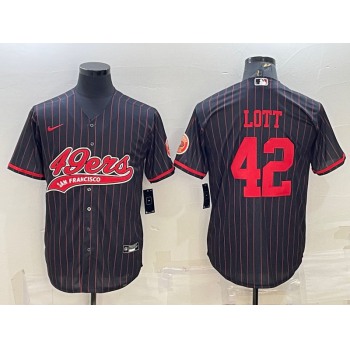 Men's San Francisco 49ers #42 Ronnie Lott Black Pinstripe With Patch Cool Base Stitched Baseball Jersey