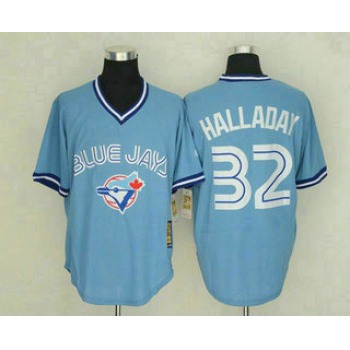Men's Toronto Blue Jays #32 Roy Halladay Light Blue Pullover Stitched MLB Throwback Jersey By Mitchell & Ness