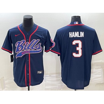 Men's Buffalo Bills #3 Damar Hamlin Navy Blue With Patch Cool Base Stitched Baseball Jersey