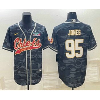 Men's Kansas City Chiefs #95 Chris Jones Grey Camo With Super Bowl LVII Patch Cool Base Stitched Baseball Jersey