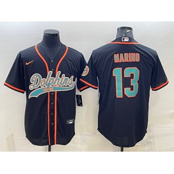 Men's Miami Dolphins #13 Dan Marino Black With Patch Cool Base Stitched Baseball Jersey