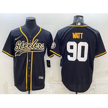 Men's Pittsburgh Steelers #90 TJ Watt Black With Patch Cool Base Stitched Baseball Jersey