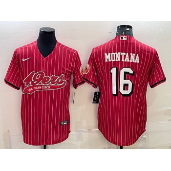 Men's San Francisco 49ers #16 Joe Montana Red Pinstripe Color Rush With Patch Cool Base Stitched Baseball Jersey