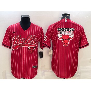 Men's Chicago Bulls Blank Red Pinstripe Team Big Logo With Patch Cool Base Stitched Baseball Jersey
