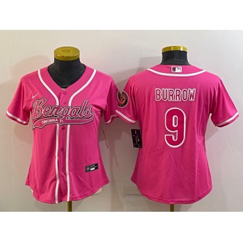 Women's Cincinnati Bengals #9 Joe Burrow Pink With Patch Cool Base Stitched Baseball Jersey