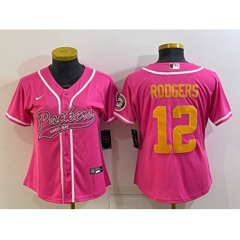 Women's Green Bay Packers #12 Aaron Rodgers Pink Gold With Patch Cool Base Stitched Baseball Jersey