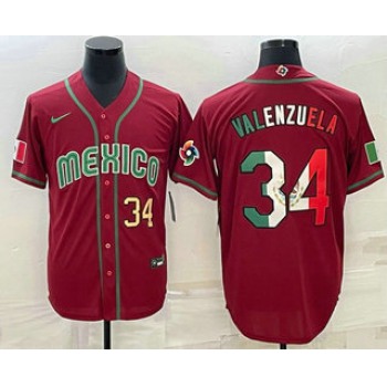 Men's Mexico Baseball #34 Fernando Valenzuela Number 2023 Red Blue World Baseball Classic Stitched Jerseys