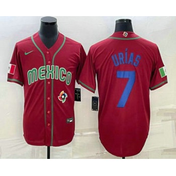 Men's Mexico Baseball #7 Julio Urias 2023 Red Blue World Baseball Classic Stitched Jerseys