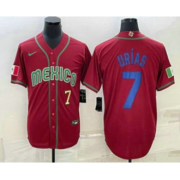 Men's Mexico Baseball #7 Julio Urias Number 2023 Red Blue World Baseball Classic Stitched Jerseys