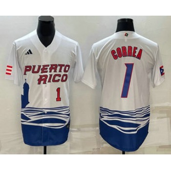 Men's Puerto Rico Baseball #1 Carlos Correa Number White 2023 World Baseball Classic Stitched Jersey