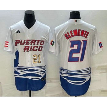 Men's Puerto Rico Baseball #21 Roberto Clemente Number 2023 White World Baseball Classic Stitched Jerseys