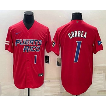 Mens Puerto Rico Baseball #1 Carlos Correa Number 2023 Red World Baseball Classic Stitched Jersey
