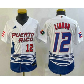Youth Puerto Rico Baseball #12 Francisco Lindor Number 2023 White World Baseball Classic Stitched Jerseys