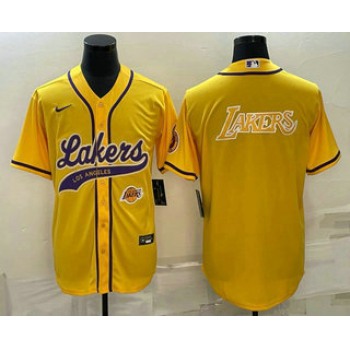 Men's Los Angeles Lakers Yellow Big Logo With Patch Cool Base Stitched Baseball Jerseys