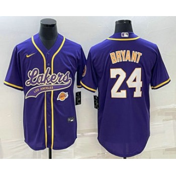 Men's Los Angeles Lakers #24 Kobe Bryant Purple With Patch Cool Base Stitched Baseball Jerseys
