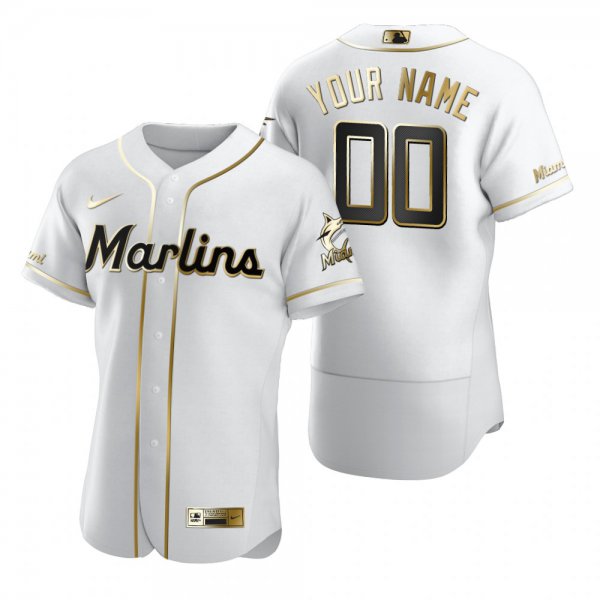 Men's Miami Marlins Custom Nike White Stitched MLB Flex Base Golden Edition Jersey