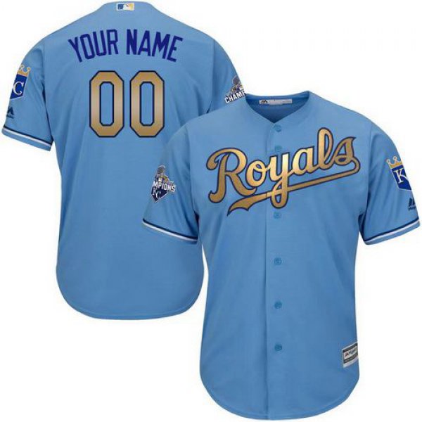 Men's Kansas City Royals Light Blue 2015 World Series Champions Gold Program Custom Cool Base Jersey