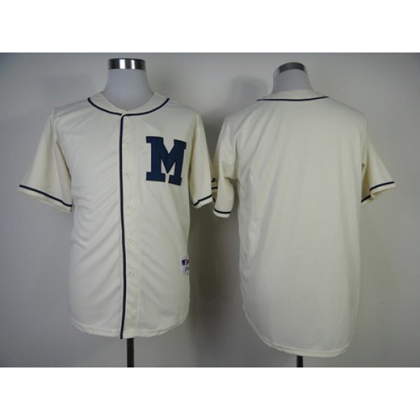 Men's Milwaukee Brewers Blank 1913 Cream M Patch Custom Jersey