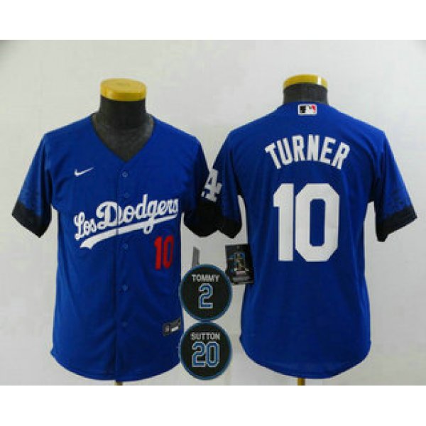Youth Los Angeles Dodgers #10 Justin Turner Blue #2 #20 Patch City Connect Number Cool Base Stitched Jersey