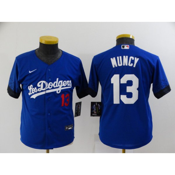 Youth Los Angeles Dodgers #13 Max Muncy Blue 2021 City Connect Number Cool Base Stitched Jersey