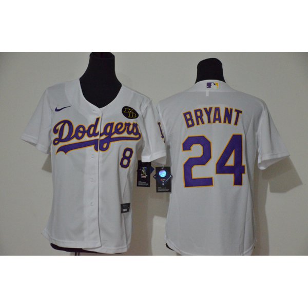 Youth Los Angeles Dodgers #24 Kobe Bryant White Purple Name KB Patch Stitched MLB Cool Base Nike Jersey