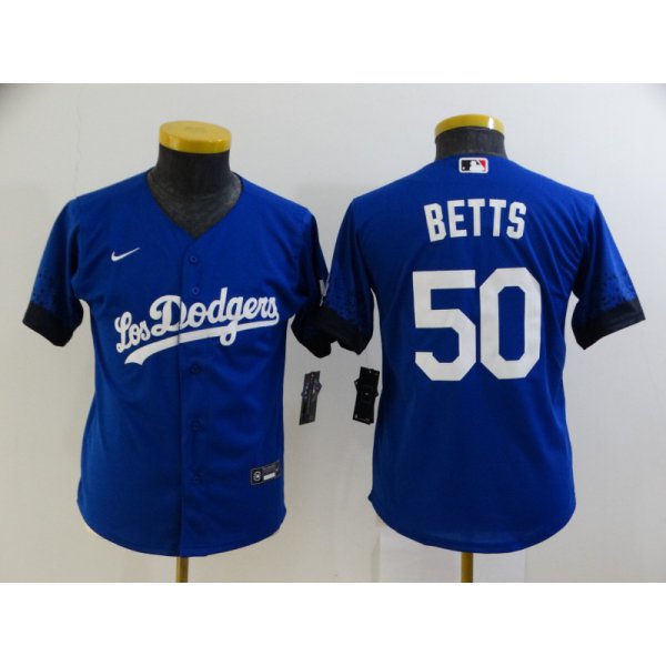 Youth Los Angeles Dodgers #50 Mookie Betts Blue 2021 City Connect Cool Base Stitched Jersey