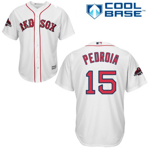 Red Sox #15 Dustin Pedroia White Cool Base 2018 World Series Champions Stitched Youth Baseball Jersey