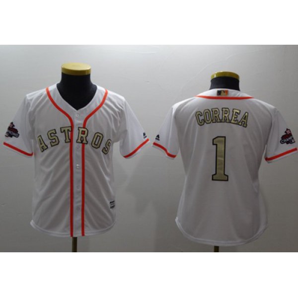 Astros #1 Carlos Correa White 2018 Gold Program Cool Base Stitched Youth Baseball Jersey