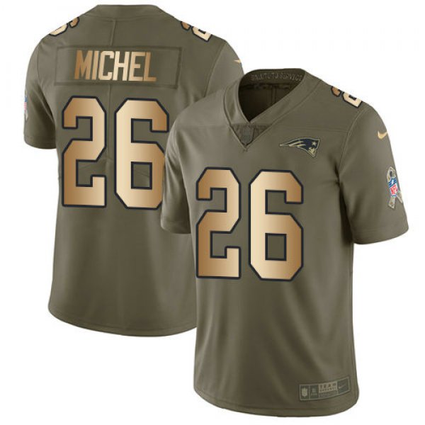 Youth Nike Patriots 26 Sony Michel Olive Gold Stitched NFL Limited 2017 Salute To Service Jersey